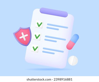 Medecine insurance policy concept with icon shield, pills. Health, finance, protect, medical service concept banner. Vector illustration in cartoon minimal style