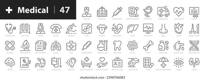 Medecine line icons set. Medical and Health outline 47 icons collection. Doctor, medical card, diagnostic, pharmacy, ambulance, internal organs, sense organs, cardiogram - stock vector.