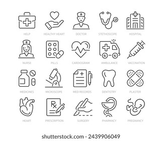 Conjunto de iconos de línea de medicina. Esbozo médico y de salud 47 iconos de la colección. Médico, tarjeta médica, diagnóstico, farmacia, ambulancia, órganos internos, órganos sensoriales, cardiograma.