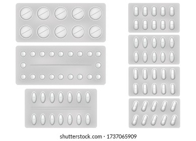 Medecin Pillen. Medecin-Schmerzmittel, Antibiotika, Vitamine und Aspirin-Tabletten. Set mit weißen Blisterpackungen realistische Symbole mit Tabletten und Kapseln.