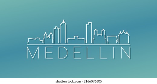 Medellin, Antioquia, Colombia Skyline Linear Design. Flat City Illustration Minimal Clip Art. Background Gradient Travel Vector Icon.