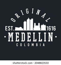 Medellín, Medellin, Antioquia, Kolumbien Skyline Original. Ein Logotype Sports College und Universitätsstil. Illustration Design Vector City.