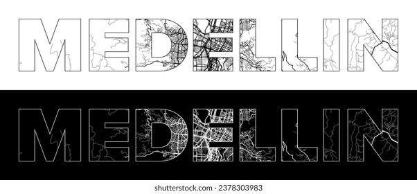 Medellin City Name (Kolumbien, Südamerika) mit schwarz-weißer Stadtplan-Vektorgrafik