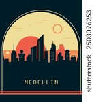 Medellin city retro style poster with skyline, cityscape. Colombia, Antioquia vintage vector illustration. Travel front cover, brochure, flyer, leaflet template, layout image