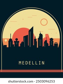 Medellin Stadt Retro-Stil Poster mit Skyline, Stadtlandschaft. Kolumbien, Antioquia Vintage Vektorgrafik. Titelblatt, Broschüre, Flyer, Prospektvorlage, Layoutbild