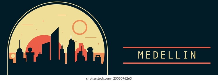 Medellin city retro style vector banner with skyline, cityscape. Colombia, Antioquia vintage horizontal illustration. Travel long layout for web, presentation, header, footer, infographics