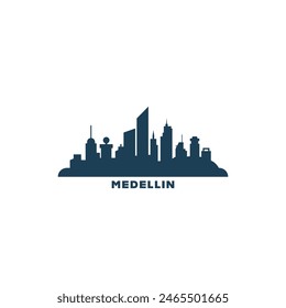 Medellin cityscape skyline city panorama vector flat modern logo icon. Colombia town emblem idea with landmarks and building silhouettes. Isolated black graphic