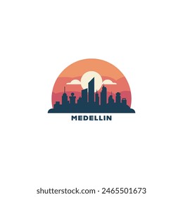 Medellin cityscape skyline city panorama vector flat modern logo icon at sunrise, sunset. Colombia town emblem idea with landmarks and building silhouettes. Isolated black graphic