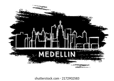 Medellin Colombia City Skyline Silhouette. Handgezeichnete Skizze. Business Travel and Tourism Konzept mit historischer Architektur. Vektorgrafik. Medellin City mit Sehenswürdigkeiten.