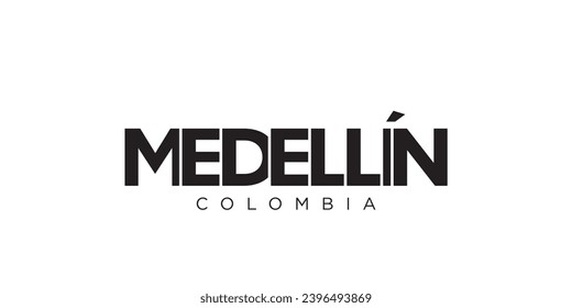 Medellin im kolumbianischen Emblem für Druck und Web. Das Design zeichnet sich durch geometrischen Stil, Vektorgrafik mit gewagter Typografie in moderner Schrift aus. Grafische Slogan-Schrift einzeln auf weißem Hintergrund.