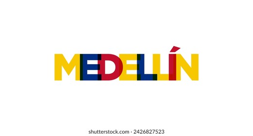 Medellin in the Colombia emblem for print and web. Design features geometric style, vector illustration with bold typography in modern font. Graphic slogan lettering isolated on white background.