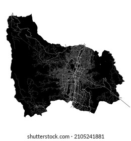 Medellin, Colombia, high resolution vector map with city boundaries, and editable paths. The city map was drawn with white areas and lines for main roads, side roads and watercourses on a black