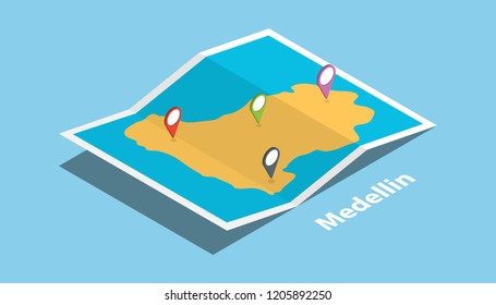 medellin colombia municipality explore maps with isometric style and pin location tag on top vector illustration