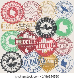 Medellin Colombia Set of Stamps. Travel Stamp. Made In Product. Design Seals Old Style Insignia.