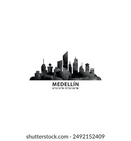 Medellin panorama, vector badge, skyline logo and icon. Colombia city horizon logotype with landmarks and building silhouettes. Isolated foggy abstract gradient graphic