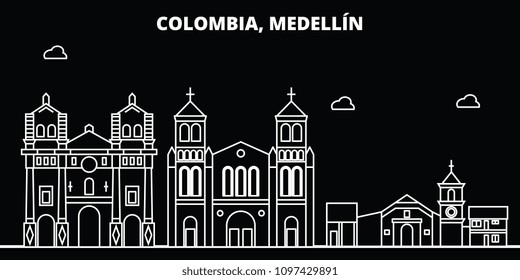 Medellin silhouette skyline. Colombia - Medellin vector city, colombian linear architecture, buildings. Medellin line travel illustration, landmarks. Colombia flat icon, colombian outline design