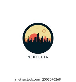 Medellin skyline, downtown panorama logo, logotype. Colombia, Antioquia city round badge contour, isolated vector vintage pictogram with monuments, landmarks