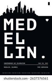 Medellin typography minimalist vector poster for national event, public holiday, independence day, summer festival layout. Brochure, leaflet, flyer, presentation image template for Colombia