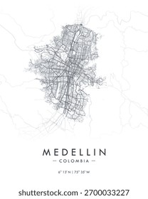 Medellín vetor imprimir mapa. Mapa detalhado da cidade em Colômbia. Mapa de rua minimalista decorativo turístico.