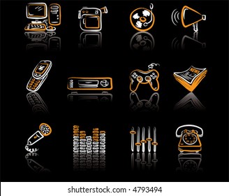 Media 3 icons set White & Orange on black background