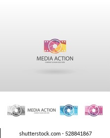 Media action. Colorful low poly media logo template.