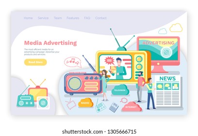 Media ads vector, website or webpage template, landing page flat style. Television tv set and radio with antenna, newspaper printed information laptop