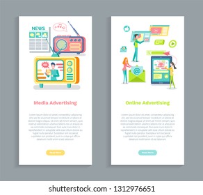 Media advertisement vector, online advertising. Radio with broadcasting news, email and mobile phone, billboard and monitors of gadgets with info set