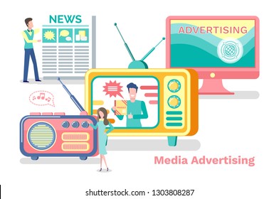 Media Advertisement Vector, Television And Radio With Antenna, Laptop Screen. Advertisement Product Promotion In Newspaper, Show On Tv Broadcasting