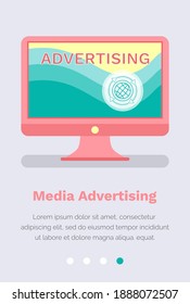 Media advertising concept. Computer with website home page template with advertisement on the screen. Landing page with marketing online program. Advertising of sites flat vector illustration