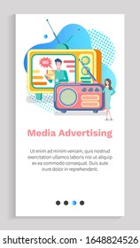 Media Advertising Slide Decorated By Man And Woman With Radio And Tv, Ad Online, Web Connection And Community, Seo And Video Information Vector. Website Or App Slider Template, Landing Page Flat Style