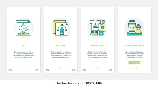 Media advertising technology vector illustration. UX, UI onboarding mobile app page screen set of line designer service with creative brand idea light bulb, branding, design packaging abstract symbols