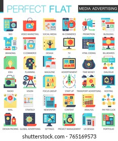 Media advertising vector complex flat icon concept symbols for web infographic design.