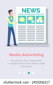 Media advertising via the Internet concept. A man is standing with a newspaper with the news in his hands. Landing page with marketing program. Advertising of sites flat vector illustration