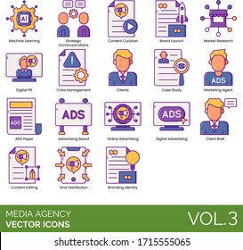 Media Agency Icons Including Machine Learning, Strategic Communication, Content Curation, Launch, Market Research, Digital PR, Crisis Management, Case Study, Marketing Agent, ADS Paper, Advertising.