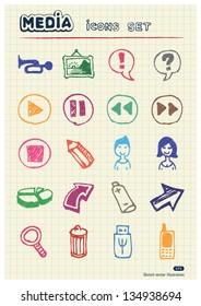 Media and arrows web icons set drawn by color pencils. Hand drawn vector elements pack isolated on paper