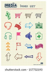 Media and arrows web icons set drawn by color pencils. Hand drawn vector elements pack isolated on paper