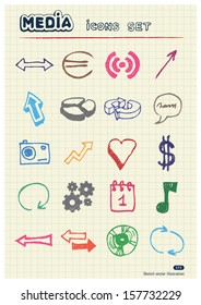 Media and arrows web icons set drawn by color pencils. Hand drawn vector elements pack isolated on paper