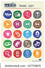 Media and arrows web icons set drawn by chalk. Hand drawn vector elements pack isolated on paper