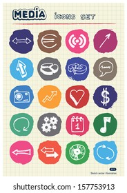 Media and arrows web icons set drawn by chalk. Hand drawn vector elements pack isolated on paper