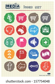 Media and arrows web icons set drawn by chalk. Hand drawn vector elements pack isolated on paper