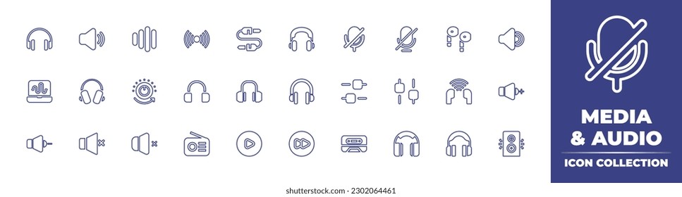 Media and audio line icon collection. Editable stroke. Vector illustration. Containing headphones, volume, audio waves, broadcast, audio jack, music player, mute, silent, earphone, speaker, laptop.