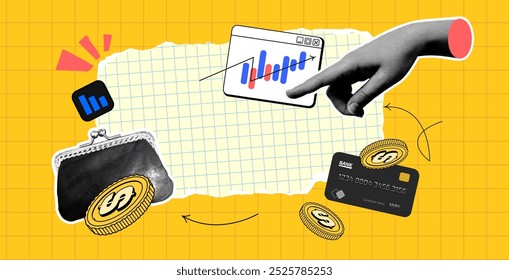 Media banner with wallet, halftone hand, graph, coins, credit card. Art Collage investment and business on the background of paper glued on tape. Concept Finance growth with vector elements and arrow