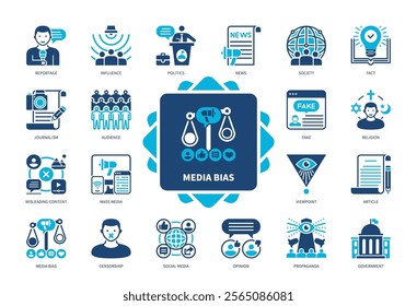 Media Bias icon set. Influence, Reportage, Fake, Journalism, Censorship, Misleading Content, Opinion, Propaganda. Duotone color solid icons