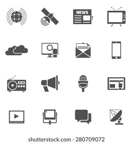 Media black icons set with megaphone newspaper satellite isolated vector illustration