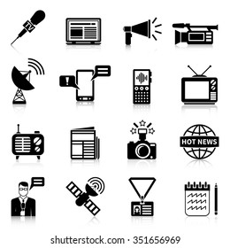 Media black white icons set with press and journalism symbols flat isolated vector illustration 