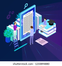 Media Book Library Concept 3d Isometric View Include of Books Stack, Mobile Device and People. Vector illustration