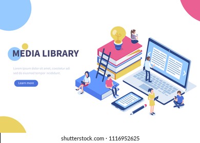 
Banner de concepto de biblioteca de libros de medios con caracteres. Se puede usar para banner web, infografías, imágenes de héroes.  Ilustración vectorial isométrica plana aislada en fondo blanco.