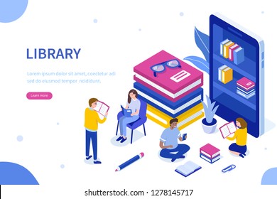 Media book library concept. Can use for web banner, infographics, hero images. Flat isometric vector illustration isolated on white background.