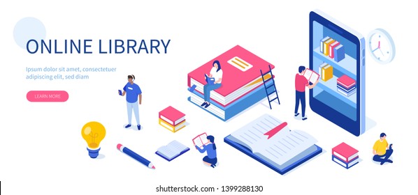 Media book library concept. Can use for web banner, infographics, hero images. Flat isometric vector illustration isolated on white background.