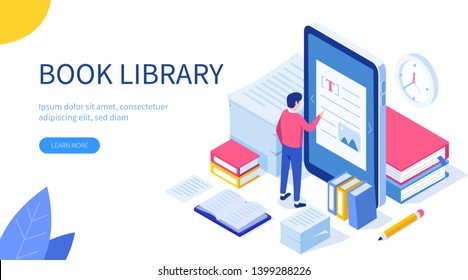 Media book library concept. Can use for web banner, infographics, hero images. Flat isometric vector illustration isolated on white background.